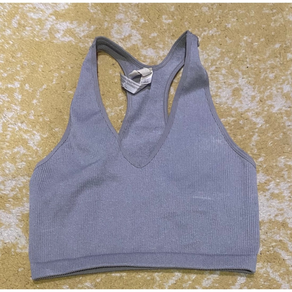 Free People FP Movement Ribbed V-Neck Racerback Crop Top Gray Medium